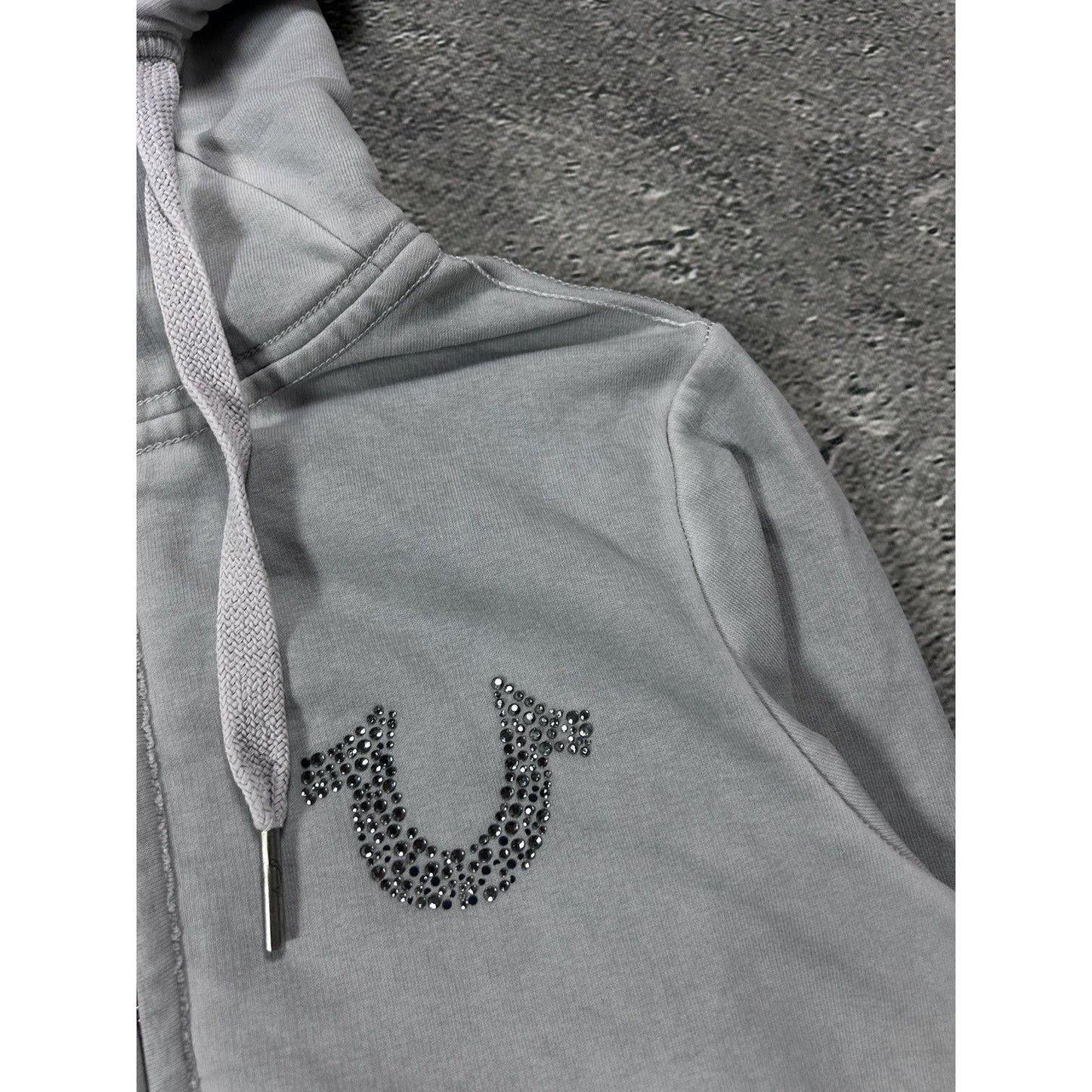 True Religion zip hoodie grey rhinestones logo horseshoe Y2K