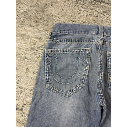 True Religion washed light blue jeans white stitching Bobby