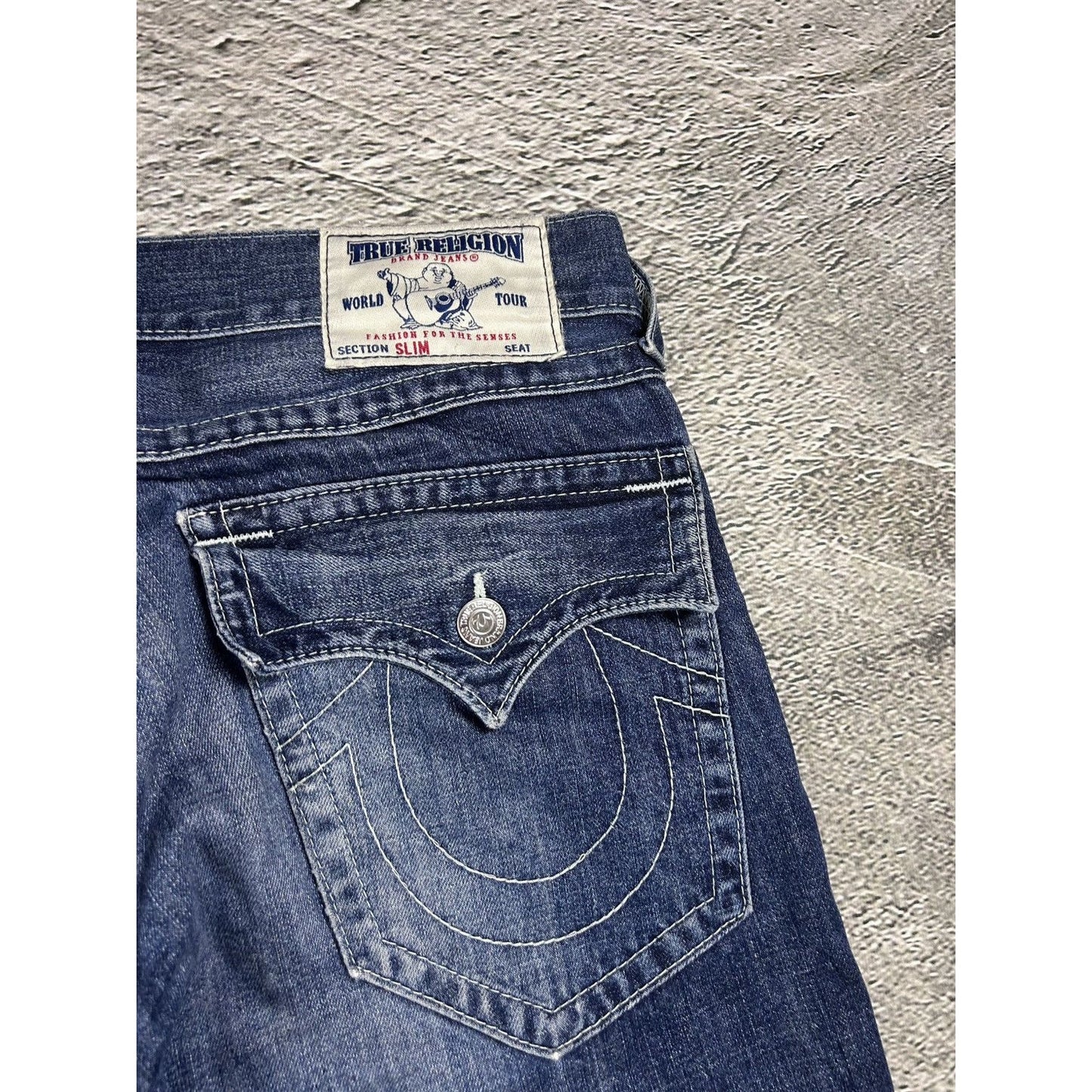 True Religion navy blue jeans white stitching Y2K
