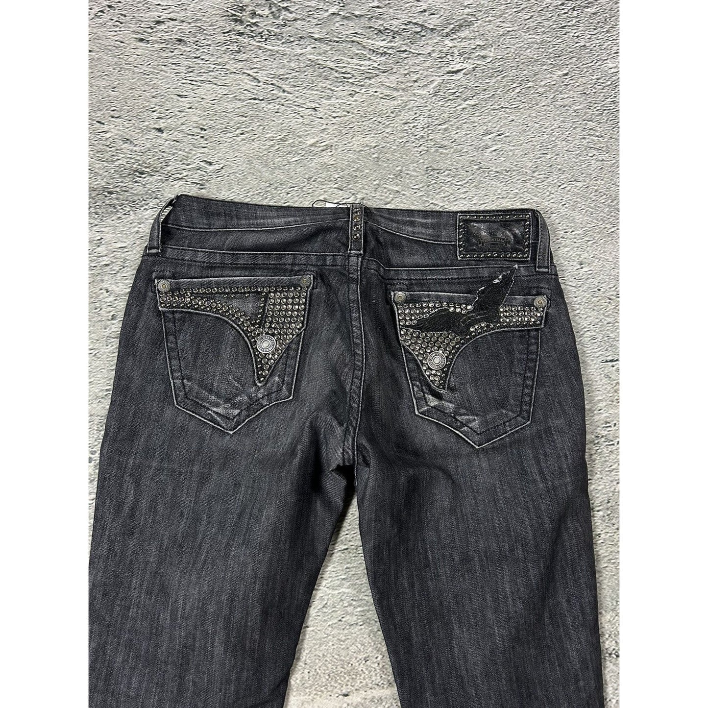 Robins jeans black rhinestones studded jeans flared Y2K