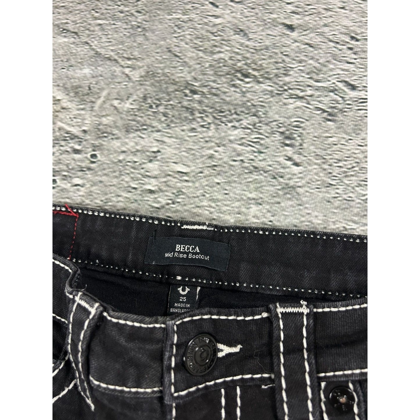 True Religion black Bootcut jeans white stitching Becca