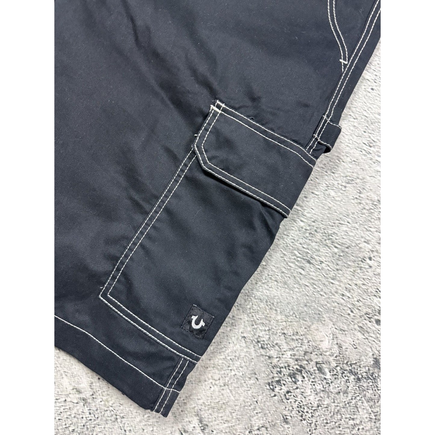 True Religion Cargo Black White stitch jorts denim shorts