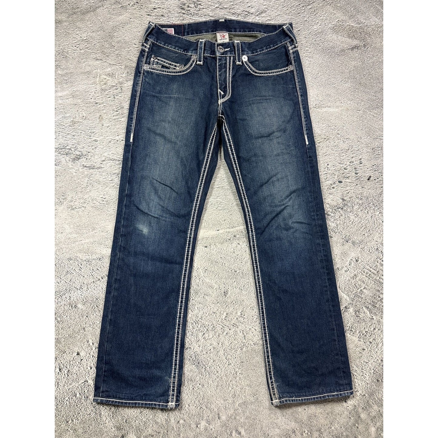 True Religion navy blue jeans white thick stitching Y2K Bobby