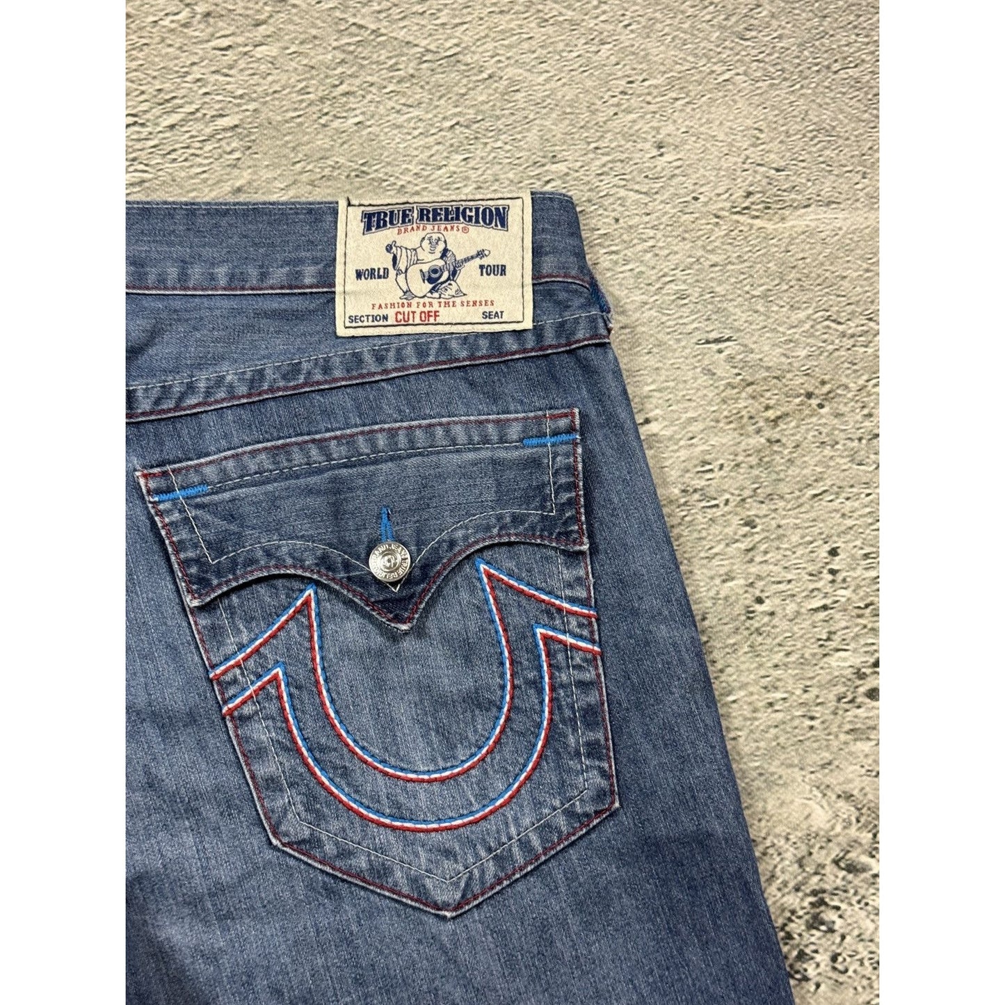 True Religion jorts denim shorts stitching blue red
