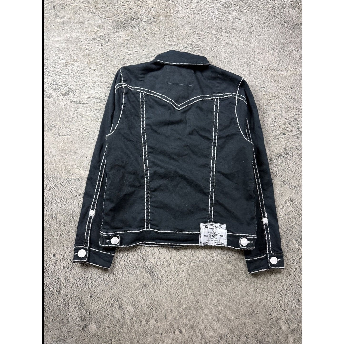 True Religion denim jacket black white fat stithing