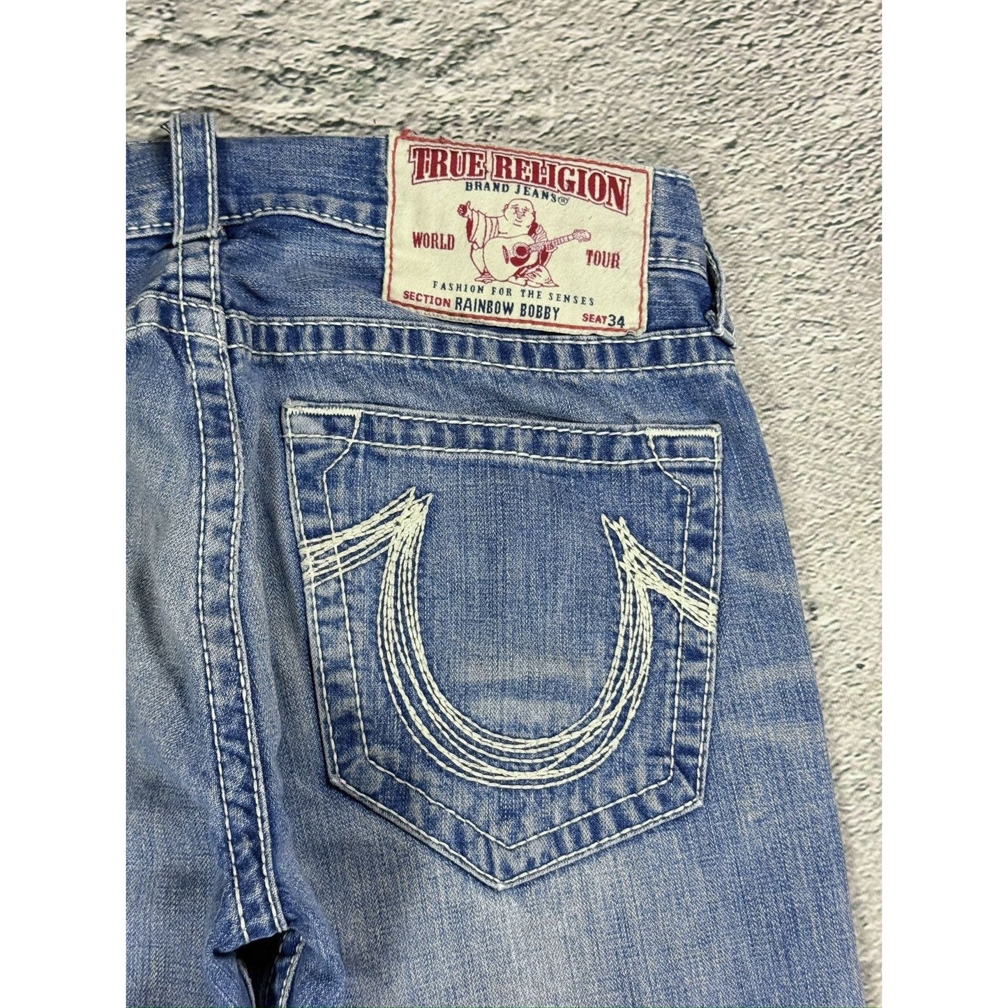 True Religion jeans Rainbow Bobby baby blue white stitch