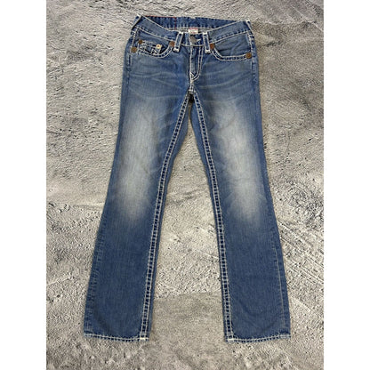 True Religion baby blue jeans white thick stitching Bobby