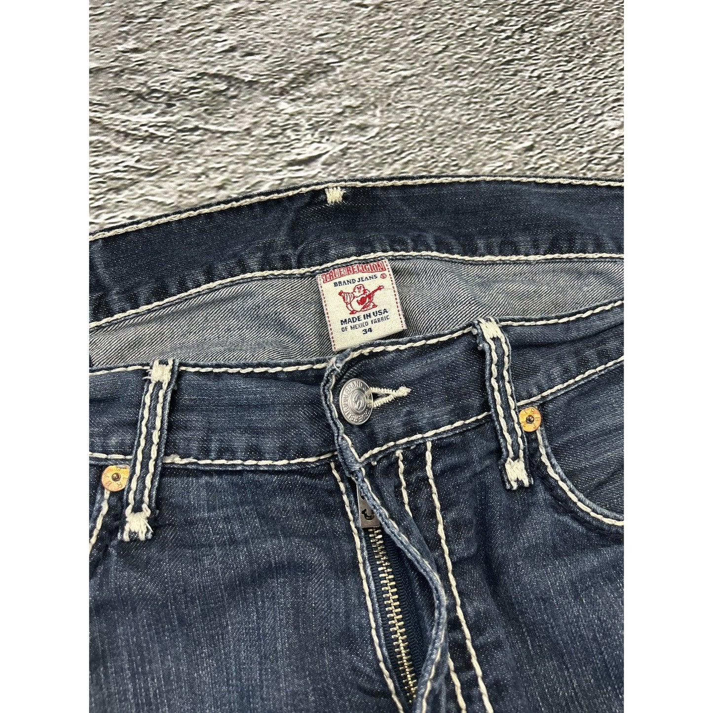 True Religion navy jeans white thick stitching Y2K