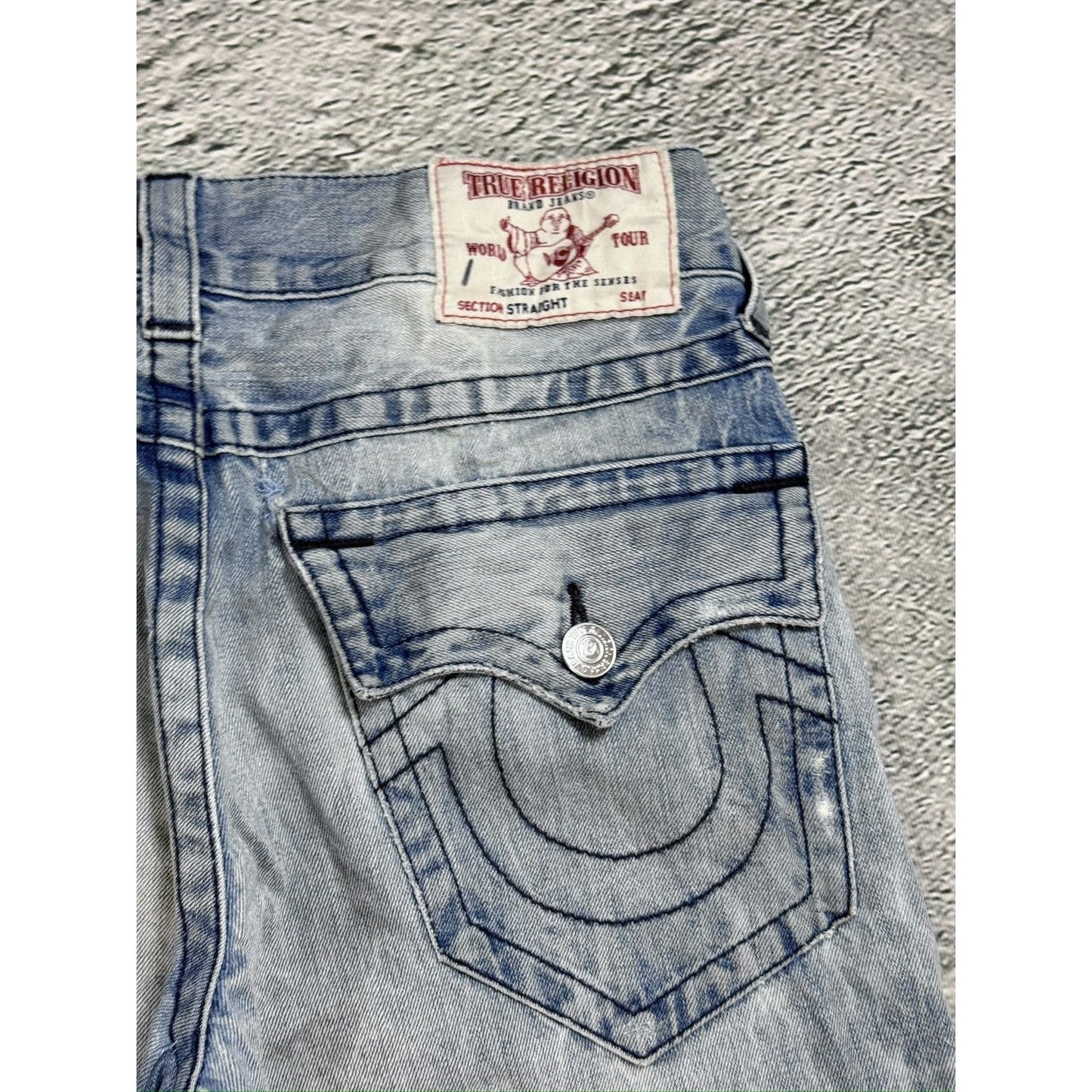 True Religion baby blue jeans black thick stitching straight