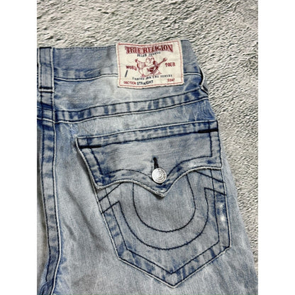 True Religion baby blue jeans black thick stitching straight