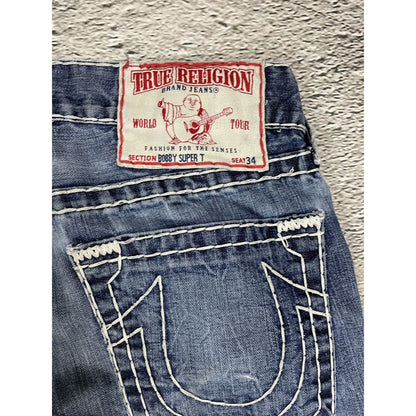 True Religion blue jeans white thick stitching Bobby
