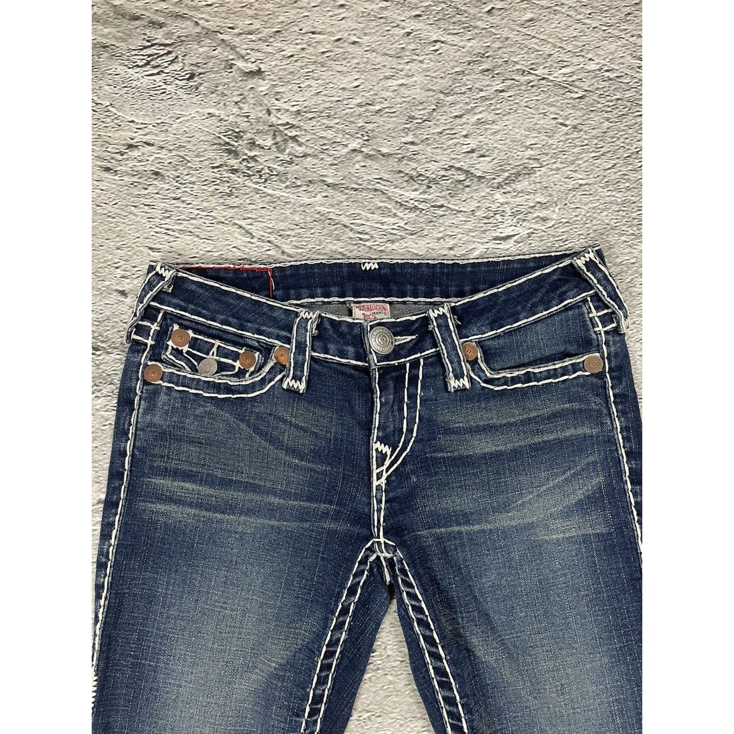 True Religion blue jeans flared bootcut white stitching Joey