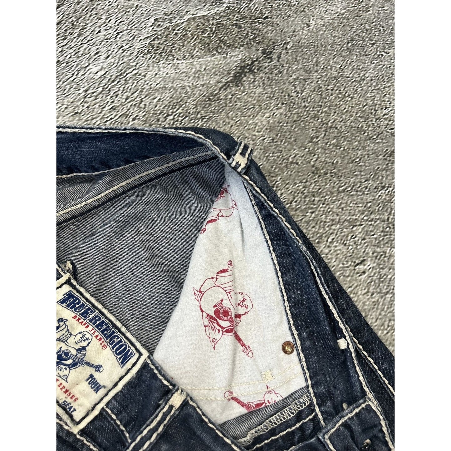 True Religion navy jeans white thick stitching Y2K