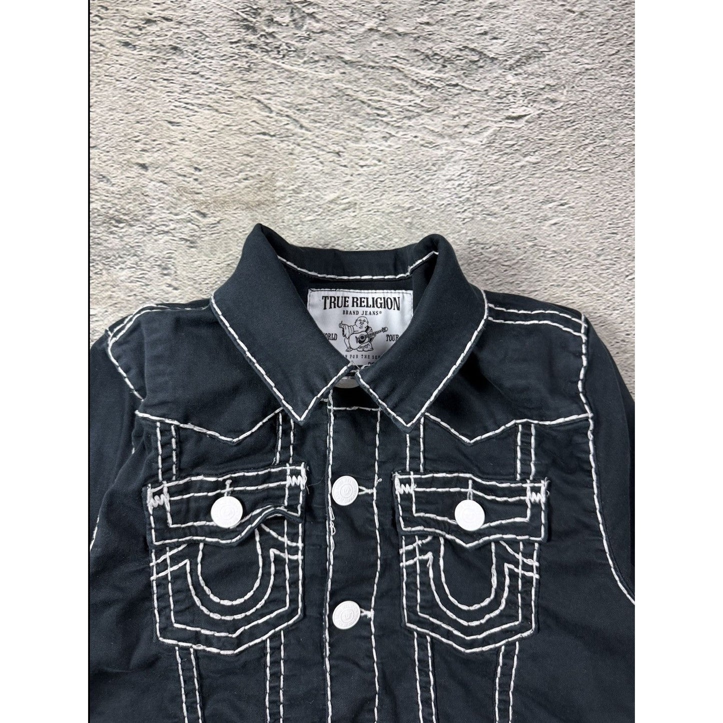 True Religion denim jacket black white fat stithing
