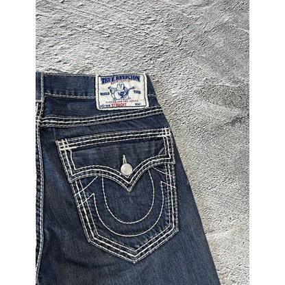 True Religion navy blue jeans white thick stitching straight