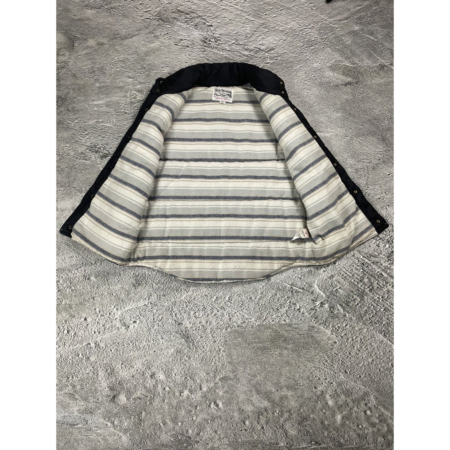 True Religion puffer jacket black leather patch