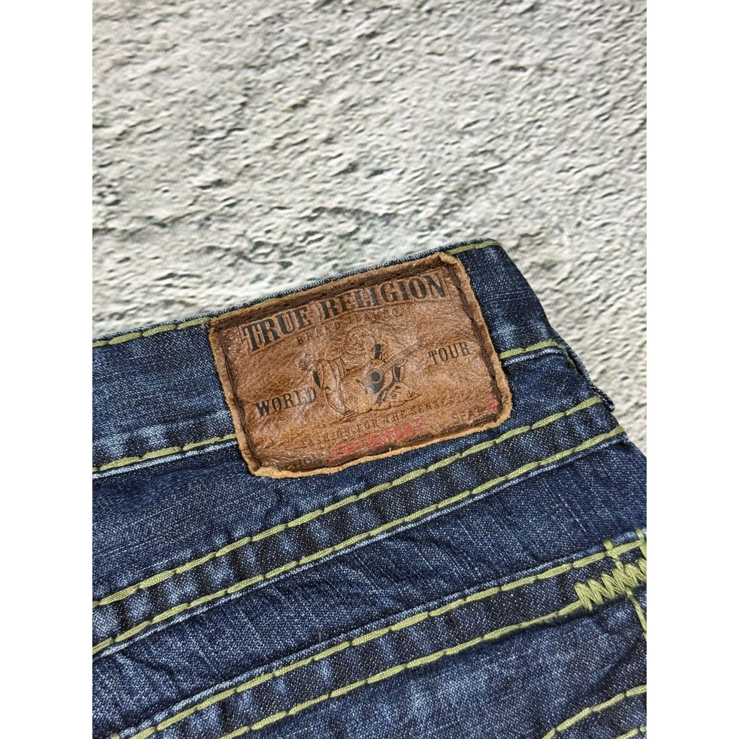 True Religion blue jeans flared bootcut green stitching Joey
