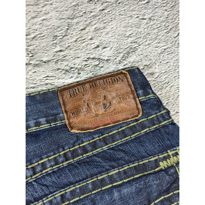 True Religion blue jeans flared bootcut green stitching Joey