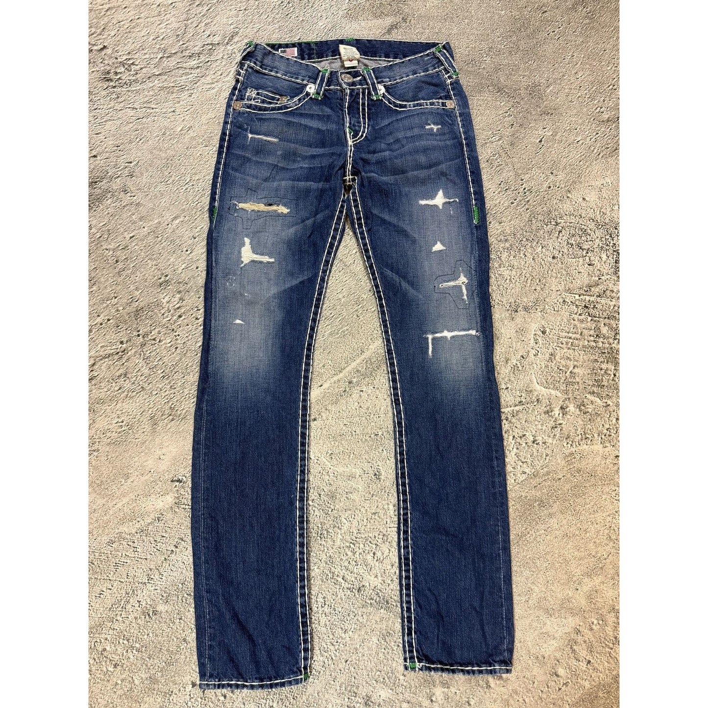 True Religion Geno Green tab blue jeans white stitching
