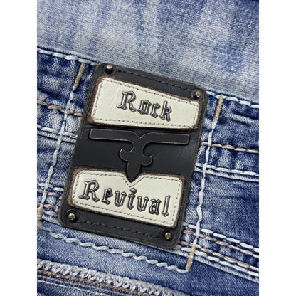 Rock Revival straight vintage blue jeans leather patch Y2K