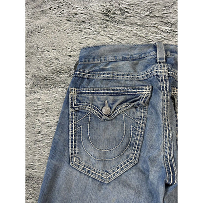 True Religion baby blue jeans white thick stitching straight