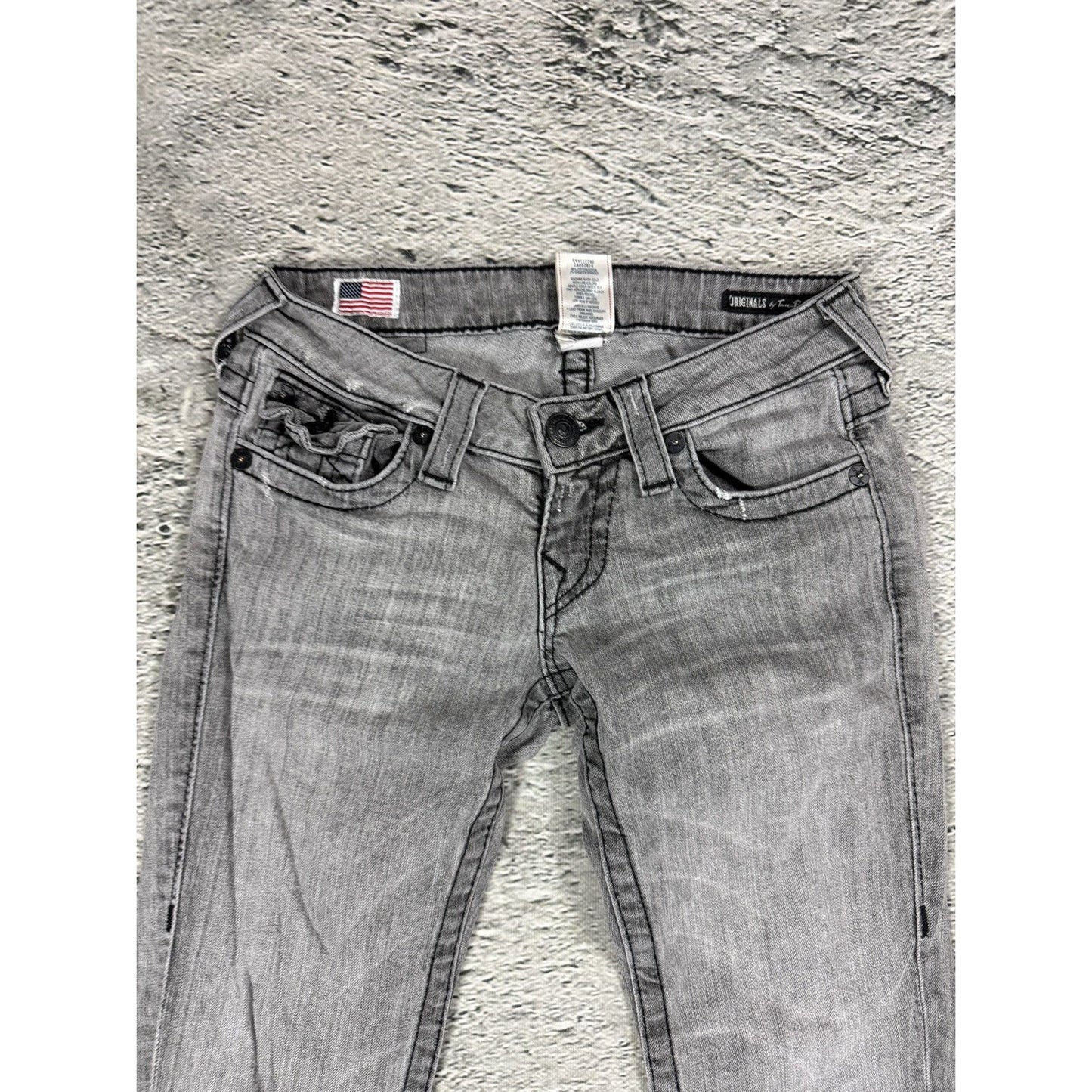 True Religion jeans grey black thick stitching flared Billy
