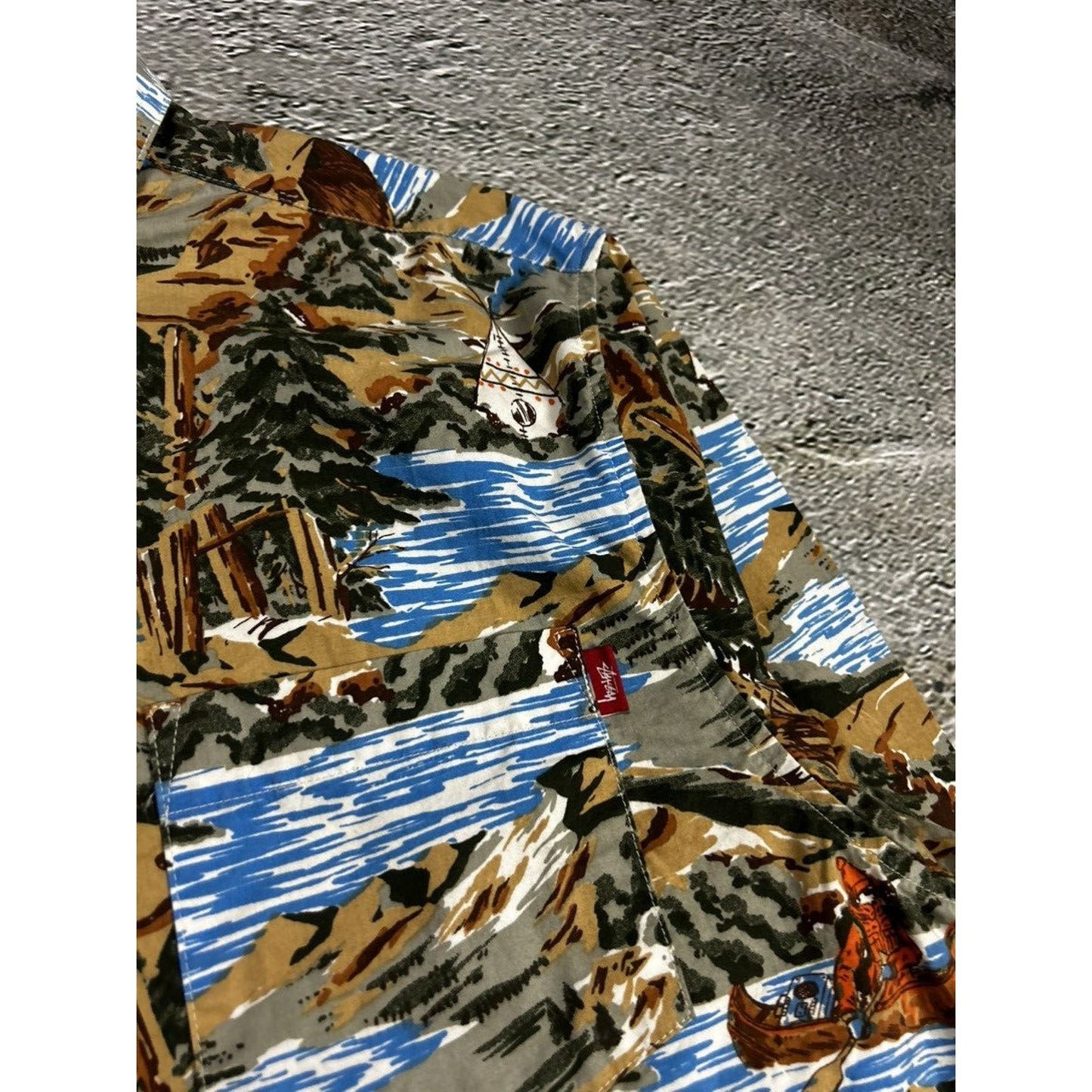 Stussy shirt landscape print button up canoe outdoor vintage
