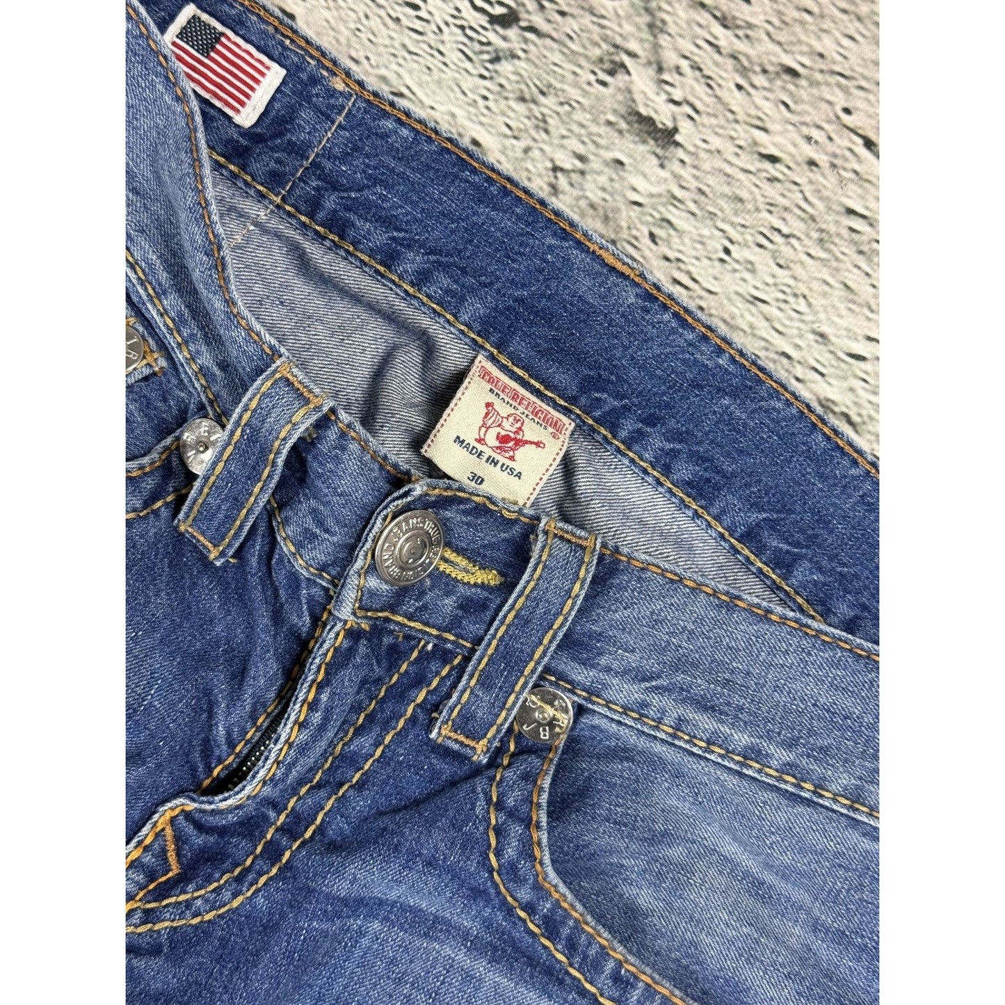 True Religion blue jeans flared thick stitching Ricky gold
