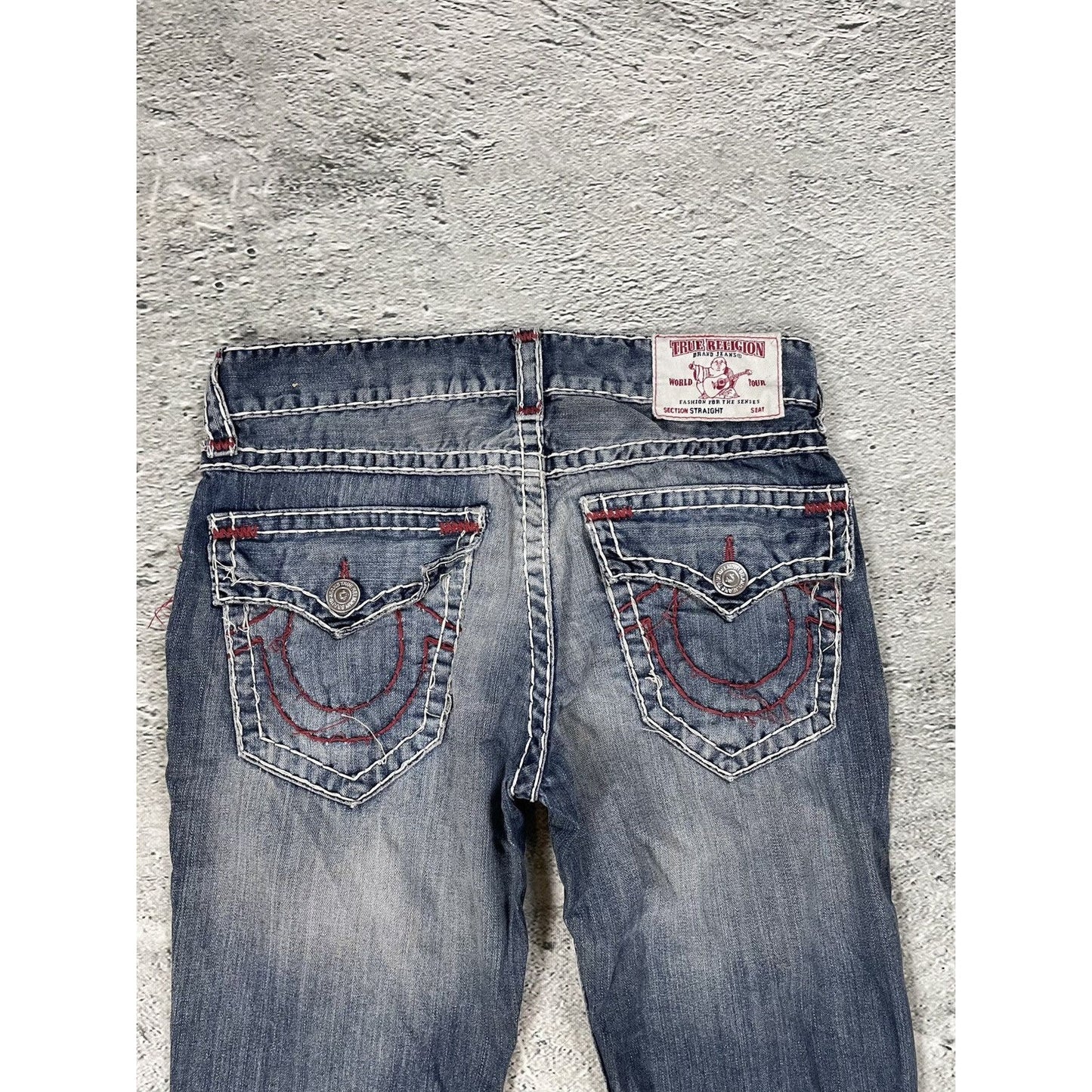 True Religion blue jeans white red thick stitching straight
