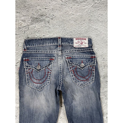 True Religion blue jeans white red thick stitching straight