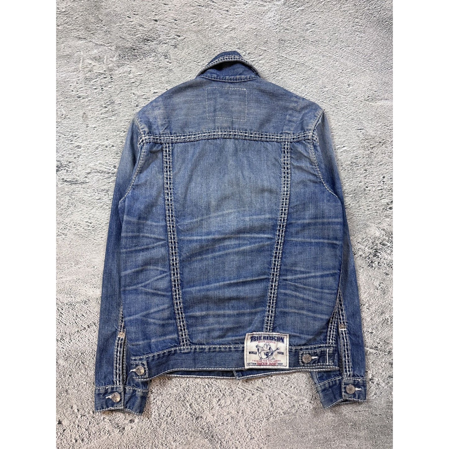 True Religion denim jacket blue white stitching vintage