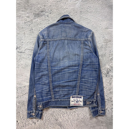 True Religion denim jacket blue white stitching vintage