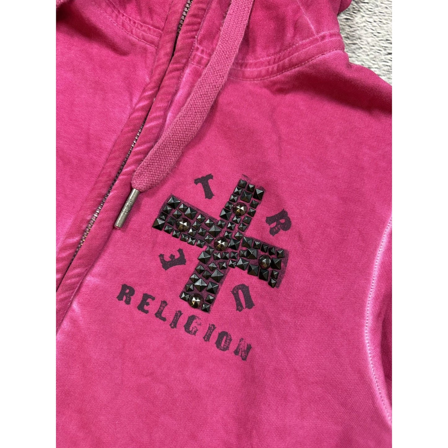 True Religion hoodie pink big logo white cross vintage