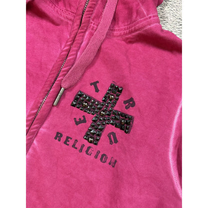 True Religion hoodie pink big logo white cross vintage