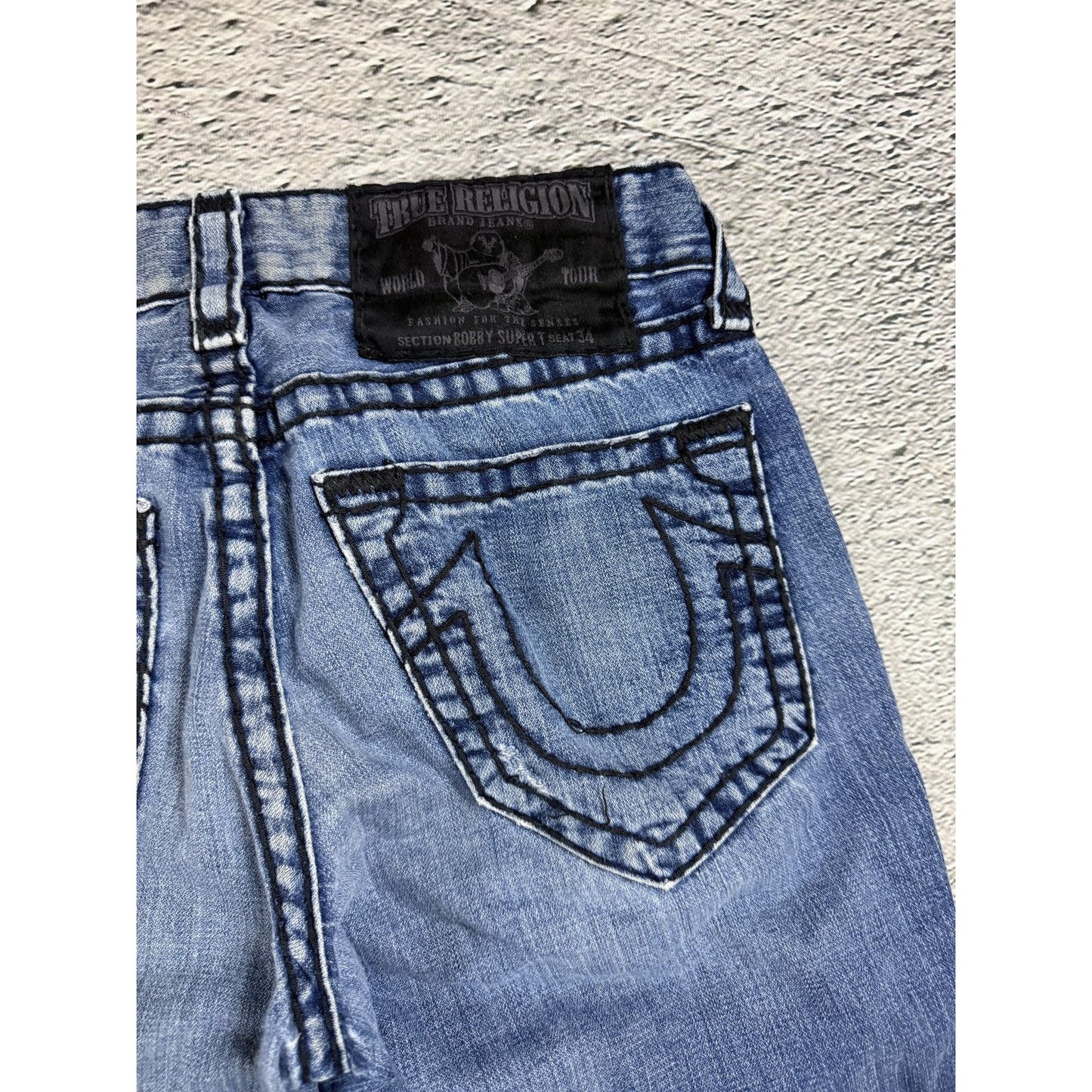 True Religion jeans blue vintage black stitch Bobby Super T