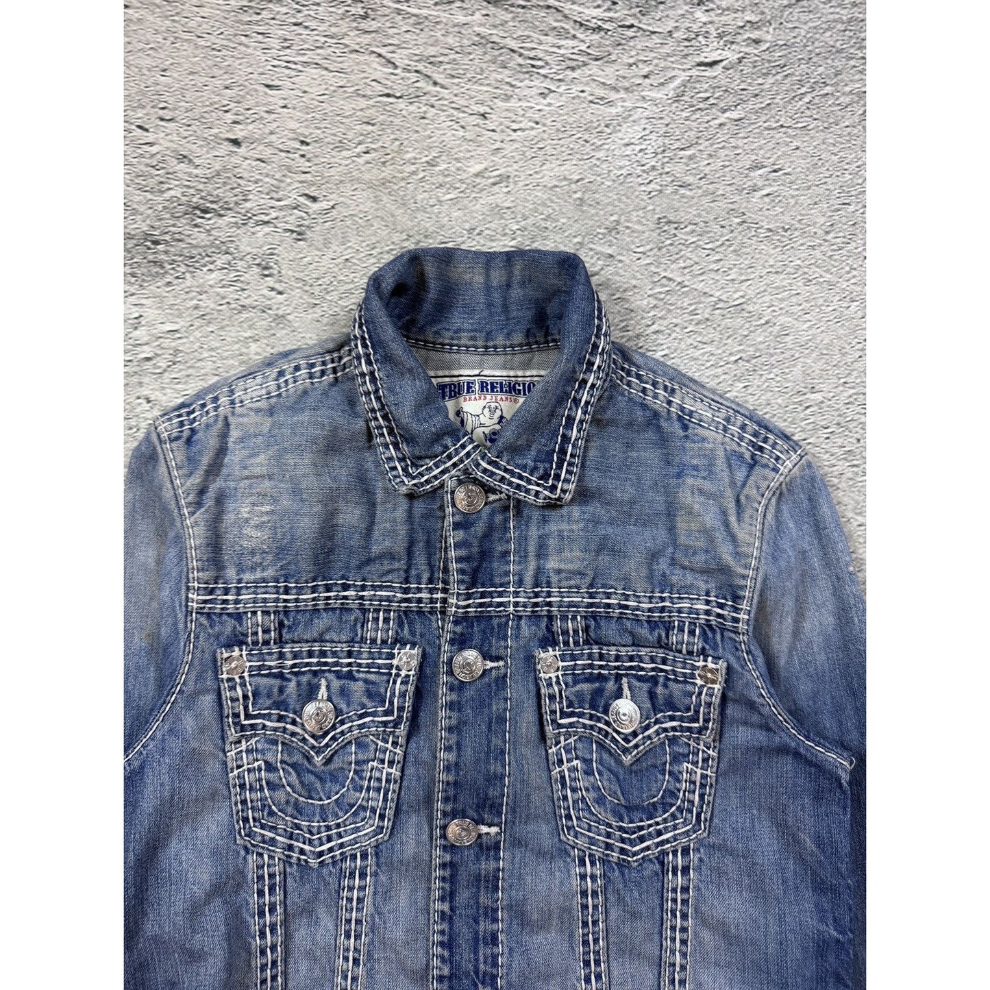 True Religion denim jacket blue white stitching trucker