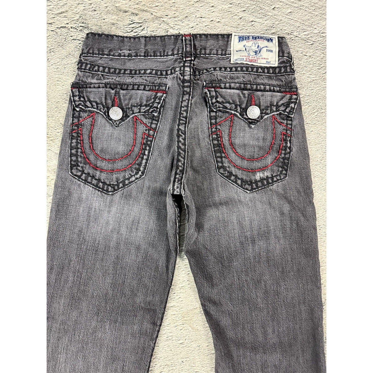 True Religion gray red stitching vamp jeans straight denim