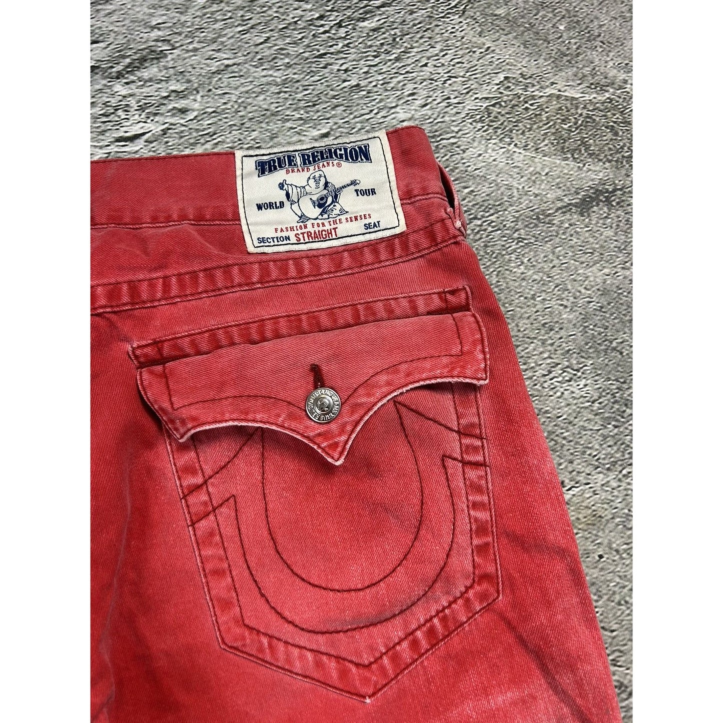True Religion red jeans contrast stitching straight w flaps