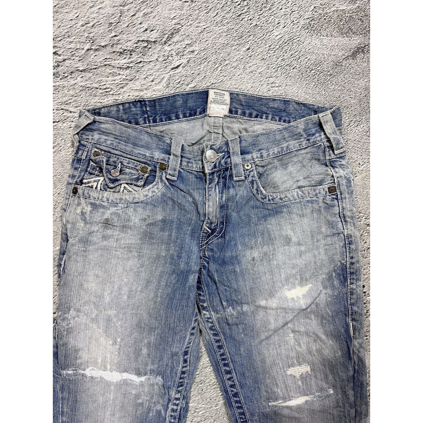 True Religion jeans washed denim white rope stitching