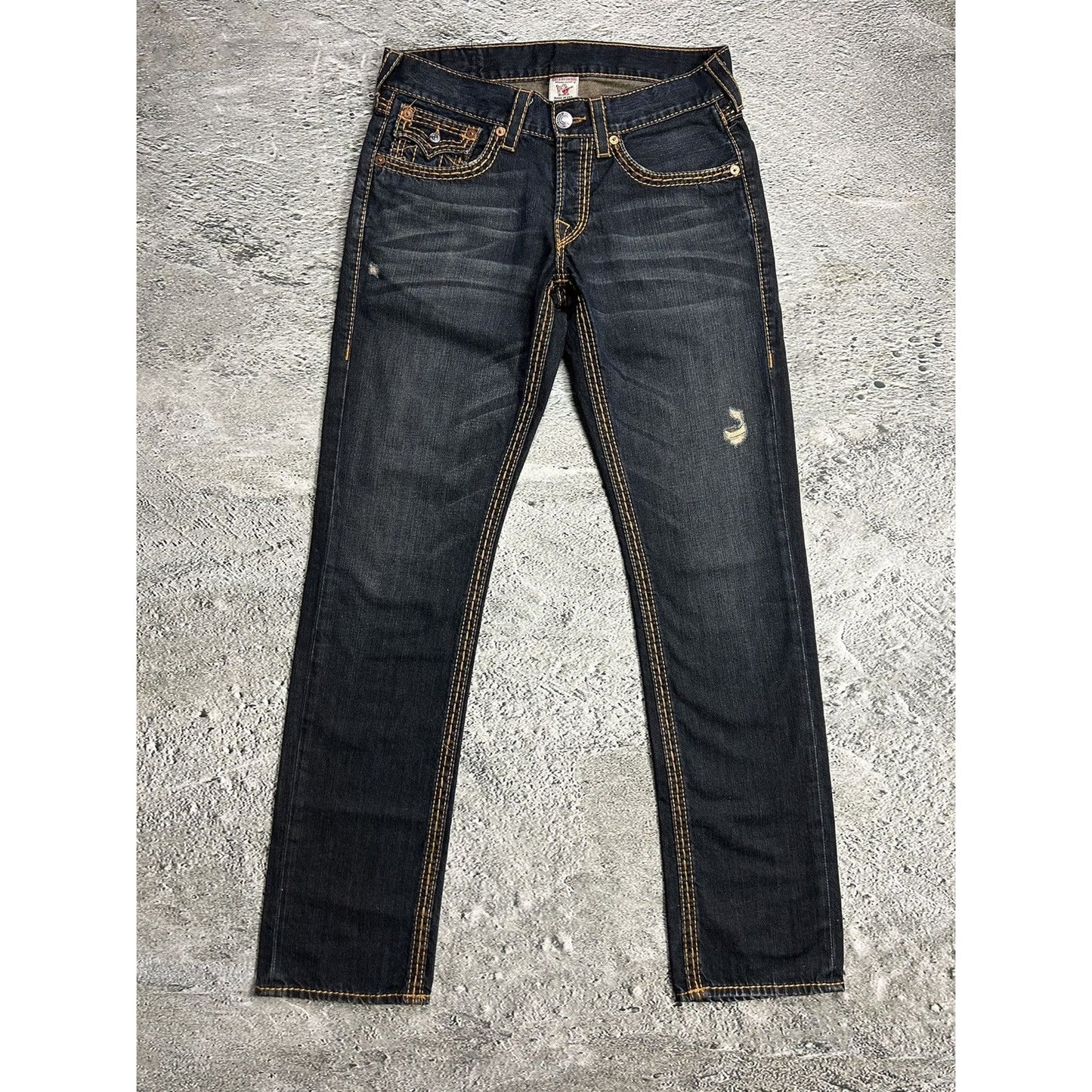 True Religion dark navy jeans orange thick stitching Y2K