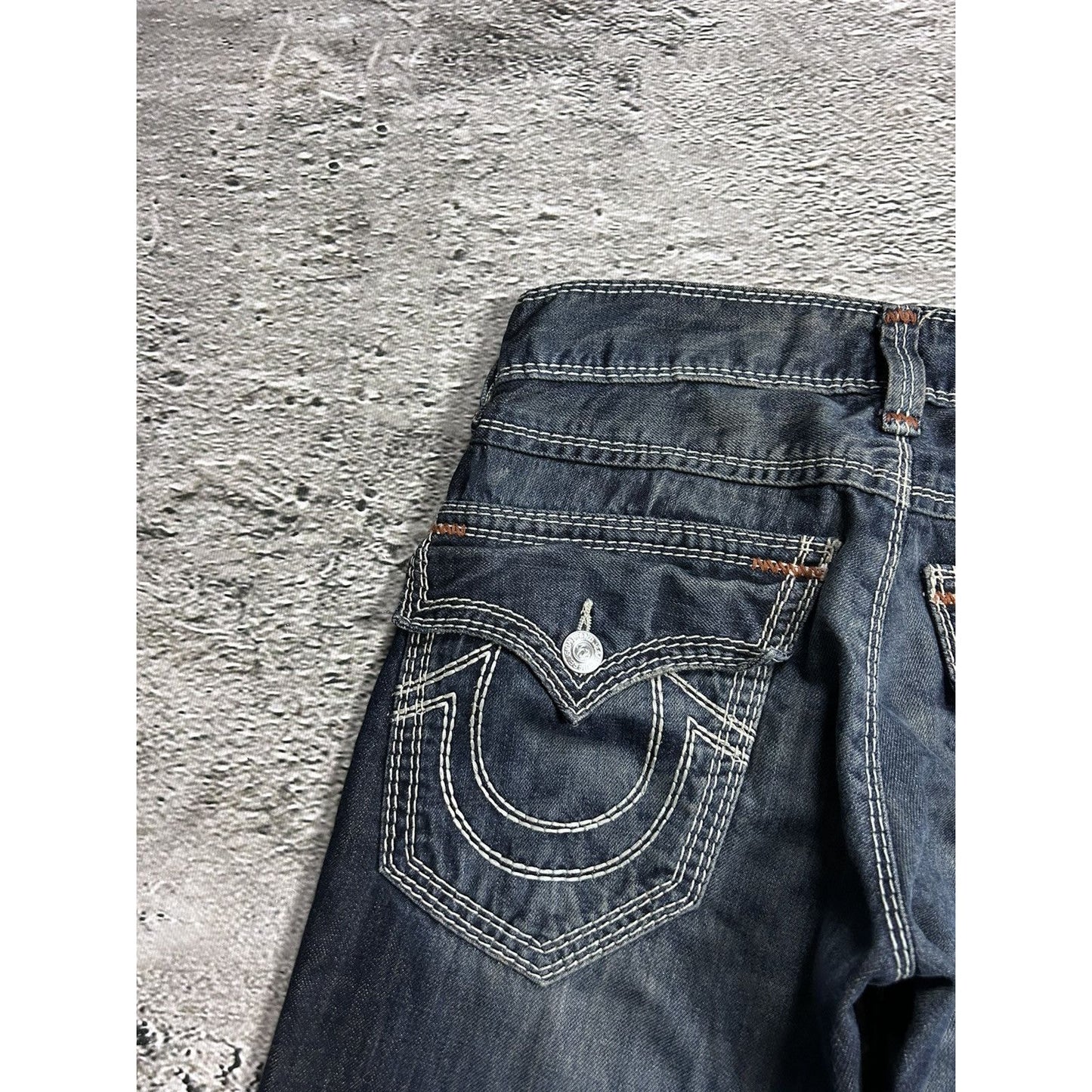 True Religion navy jeans white thick stitching Y2K