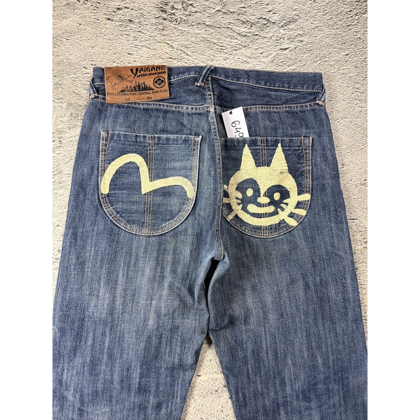 Evisu Yamane jeans vintage design selvedge embroidery cat