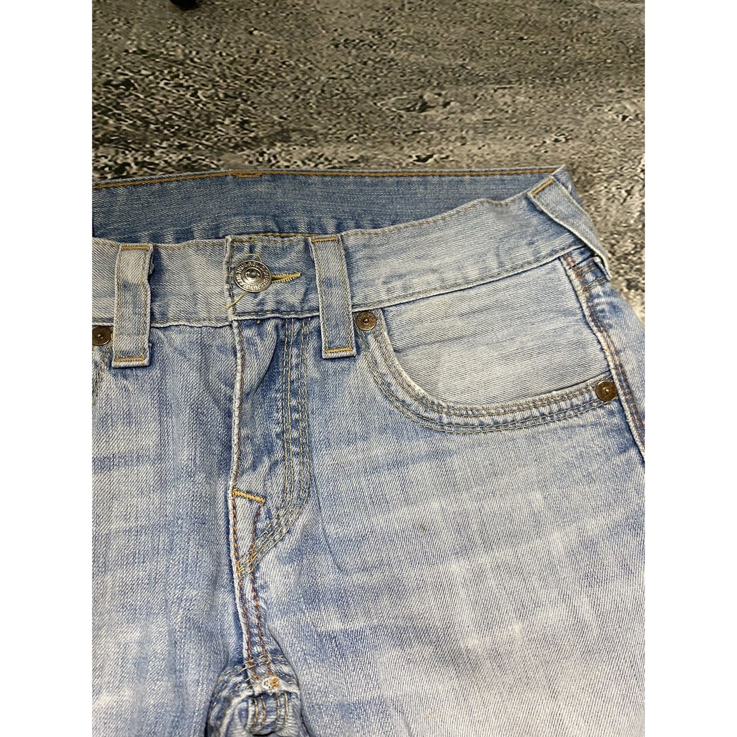 True Religion baby blue jeans gold stitching Y2K