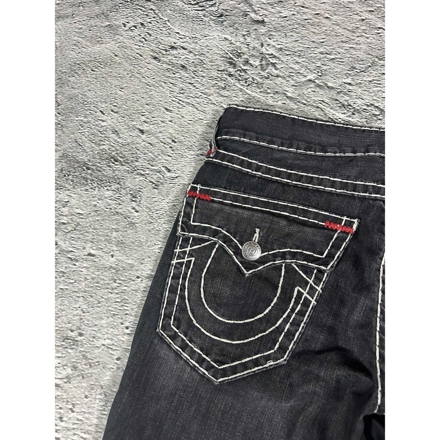 True Religion vintage black jeans denim white stitching