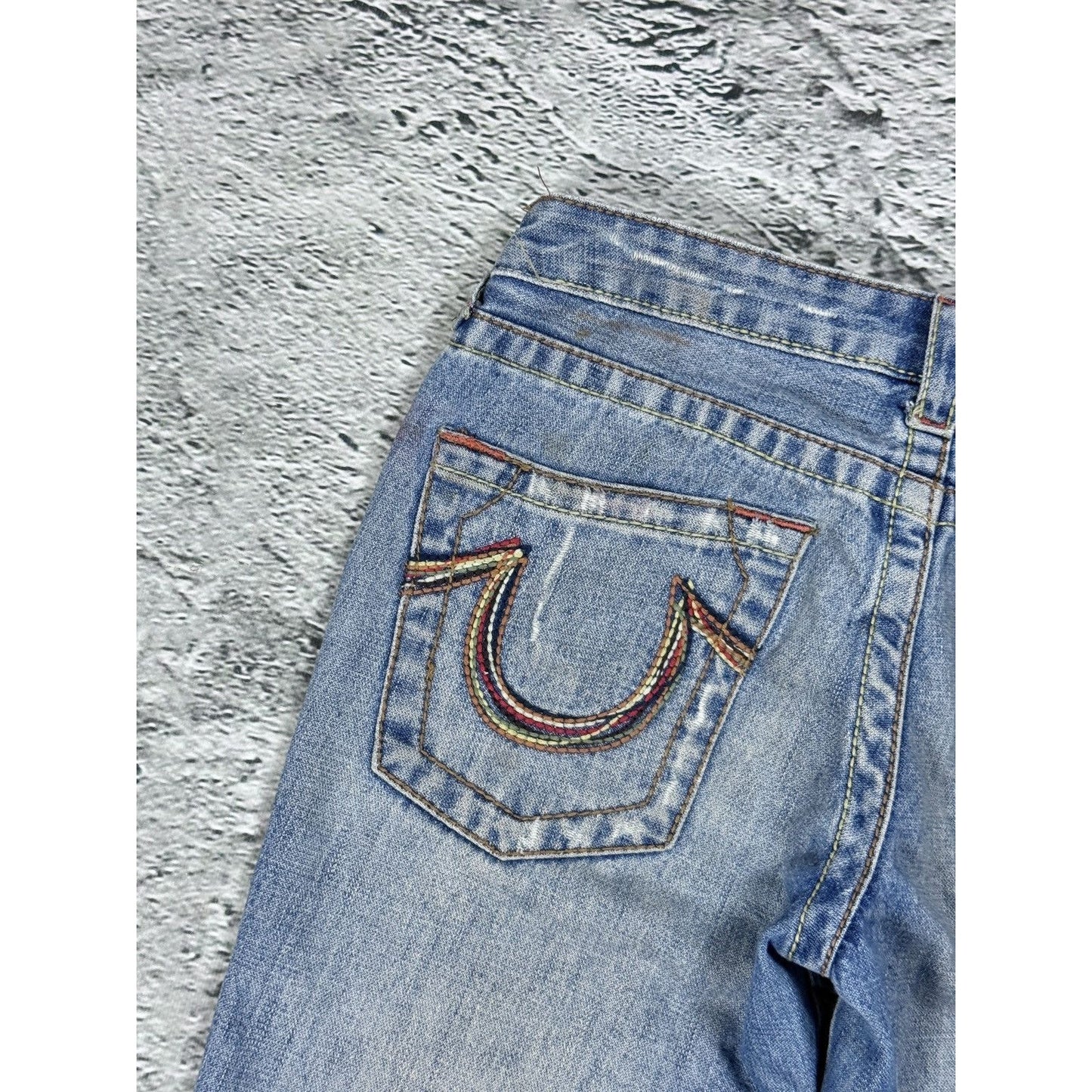 True Religion flared jeans blue white thick stitching Y2K