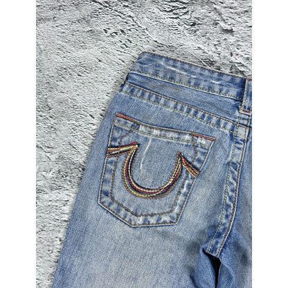 True Religion flared jeans blue white thick stitching Y2K