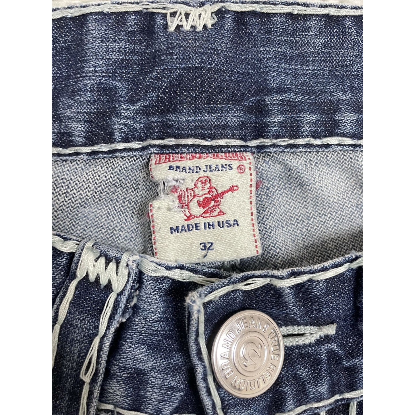 True Religion blue jeans white thick stitching Bobby