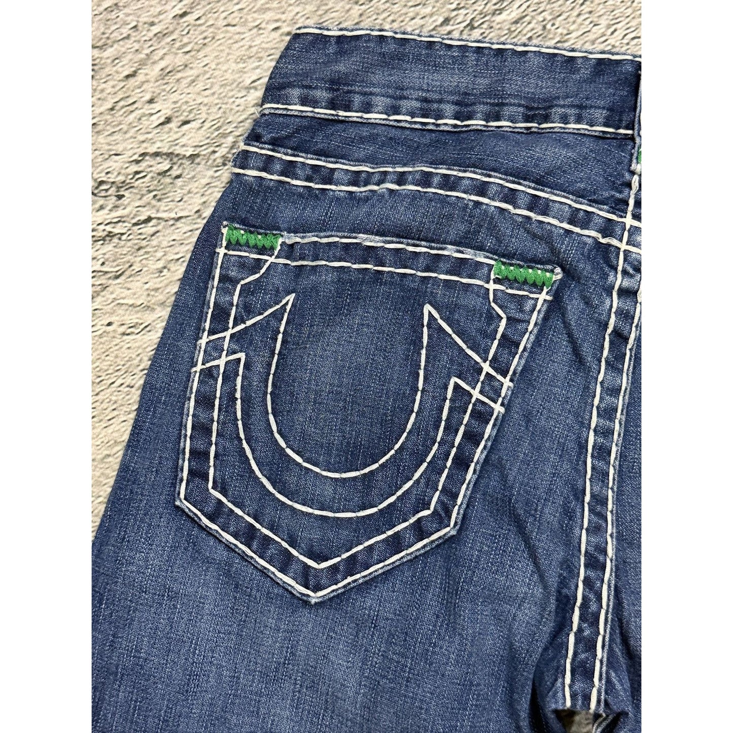 True Religion Geno Green tab blue jeans white stitching