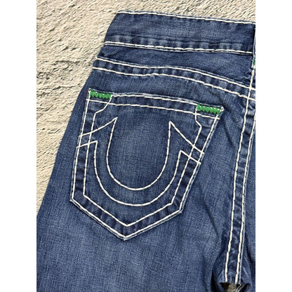 True Religion Geno Green tab blue jeans white stitching