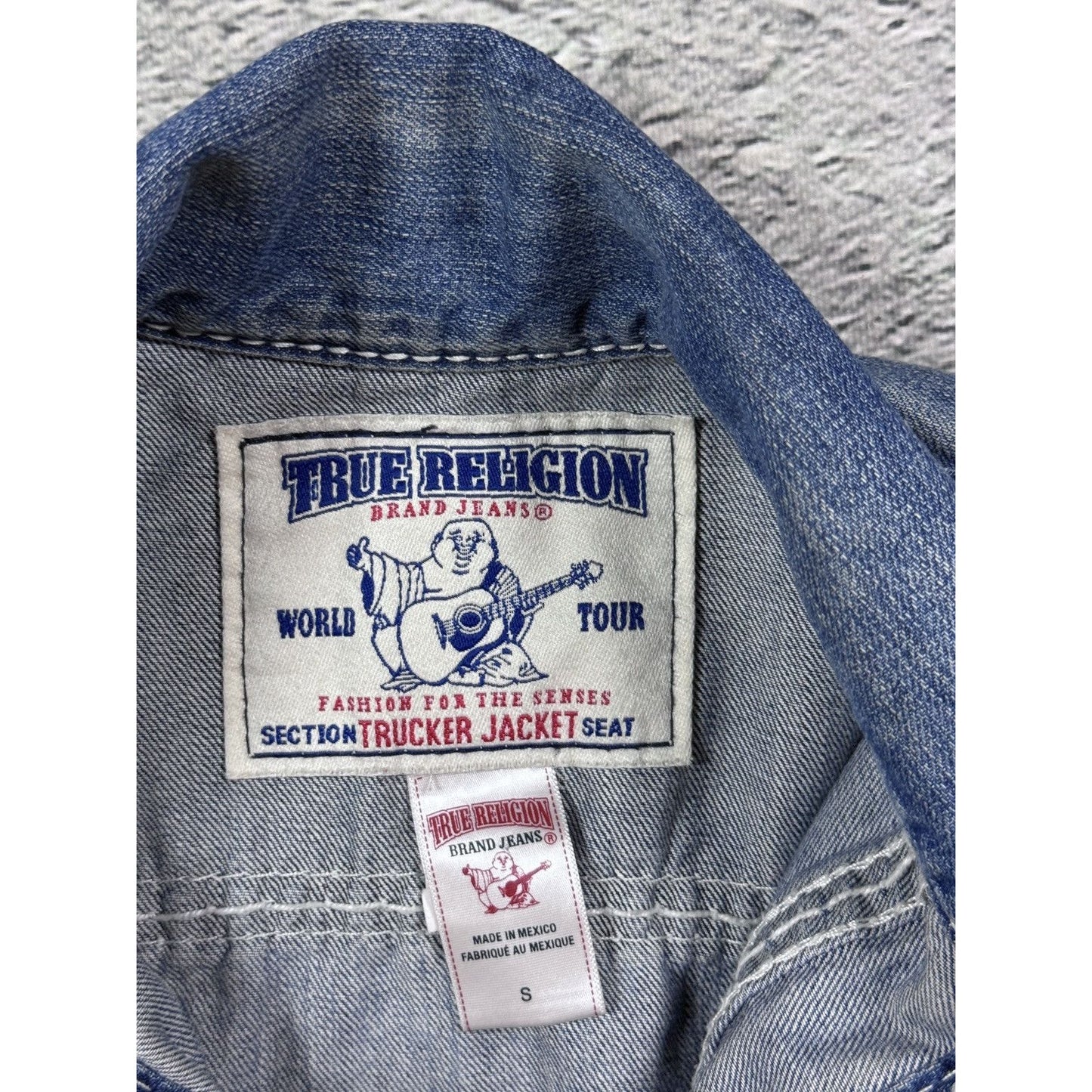 True Religion denim jacket blue white stitching vintage